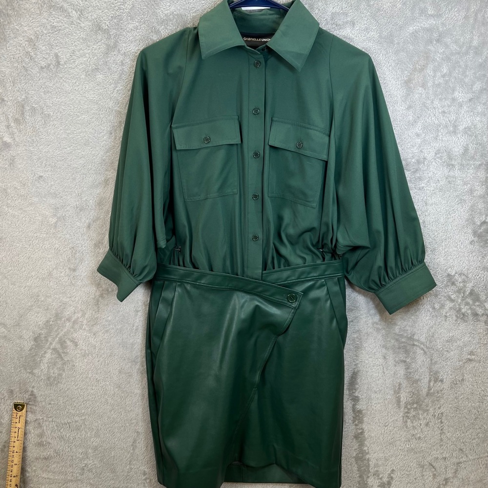 Gabrielle Union Forest Green Faux‎ Leather Mixed Media Mini Shirt Dress Collared